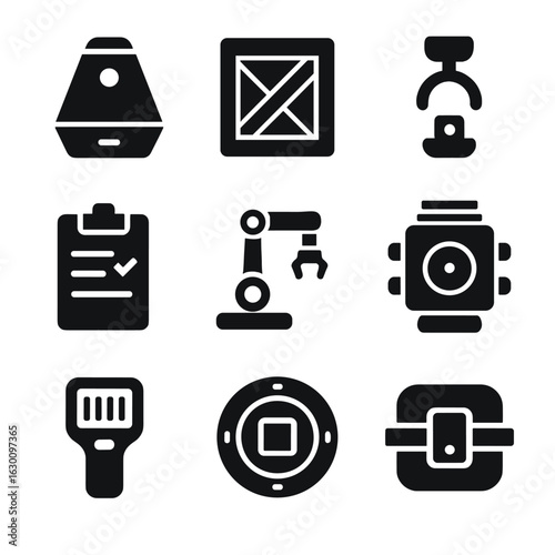 Space Cargo Icons. Solid, filled icons set of cargo spacecraft docking: cargo capsule, supply crate, grappling