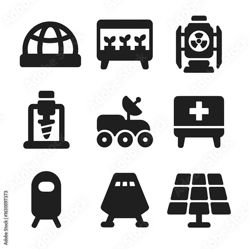 Space Colony Essentials. Solid, filled icons set of space colony essentials: habitat dome, hydroponic garden,