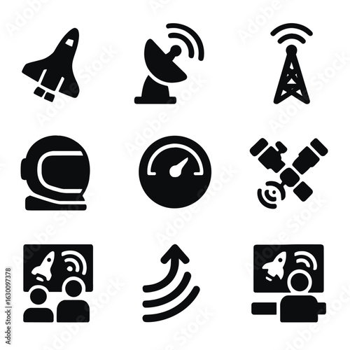 Space Communication Icons. Solid, filled icons set of space mission communication: spacecraft, ground station,