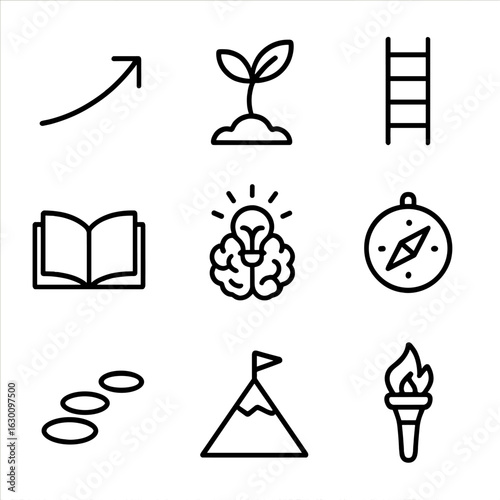 Personal Growth Icons. Outline icon set of personal growth awakening: upward arrow, sprouting seed, ladder, book, brain with light