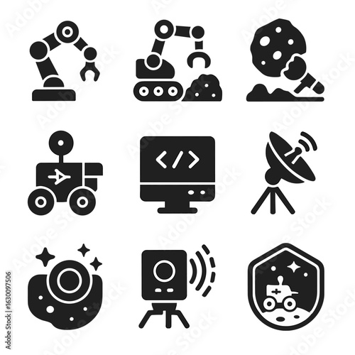 Space Explorer Icons. Solid, filled icons set of robotic space explorers: robotic arm, sample collection,
