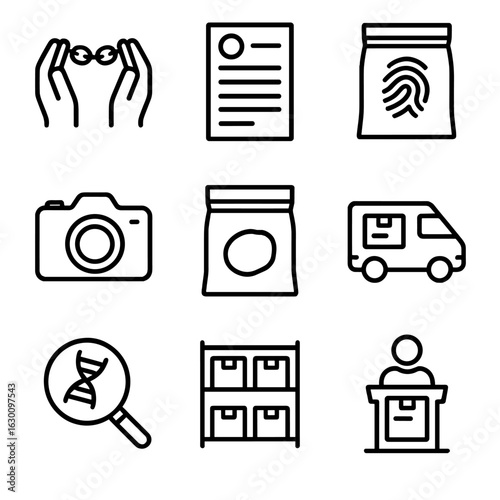 Evidence Handling Icons. Outline icon set of evidence handling: chain of custody, documentation, labeling, photographing, sealing,