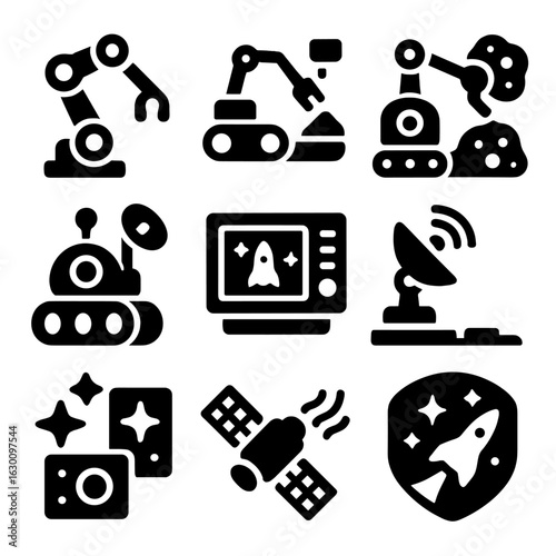 Space Explorer Icons. Solid, filled icons set of robotic space explorers: robotic arm, sample collection,