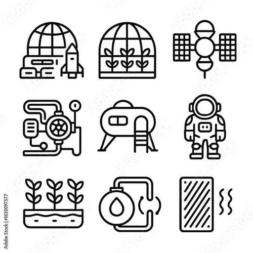 Space Habitat Icons. Outline icon set of space habitats for life: space colony, greenhouse dome, solar panels,