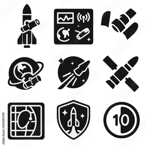 Space Mission Icons. Solid, filled icons set of space telescope launches and missions: rocket with telescope