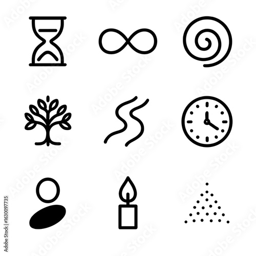 Philosophical Time Icons. Outline icon set of philosophical time symbols: hourglass, infinity symbol, spiral, tree of life, river