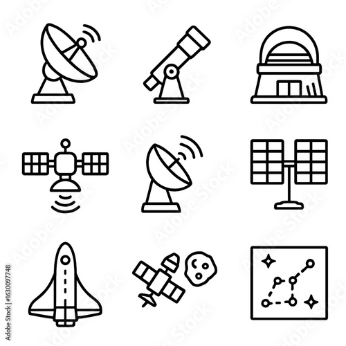 Space Observatory Icons. Outline icon set of modern space observatories: radio telescope, optical telescope,