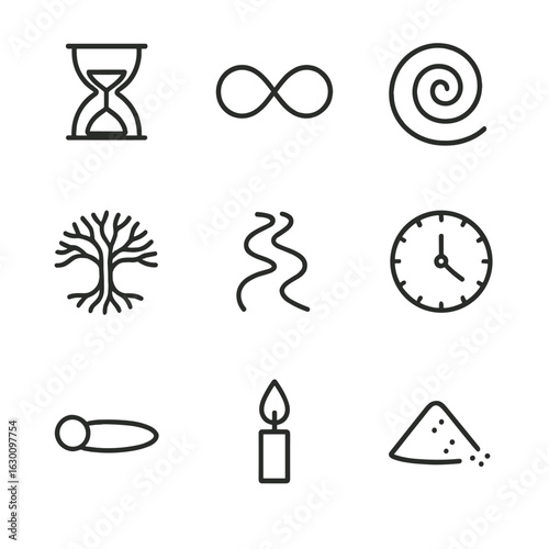 Philosophical Time Icons. Outline icon set of philosophical time symbols: hourglass, infinity symbol, spiral, tree of life, river