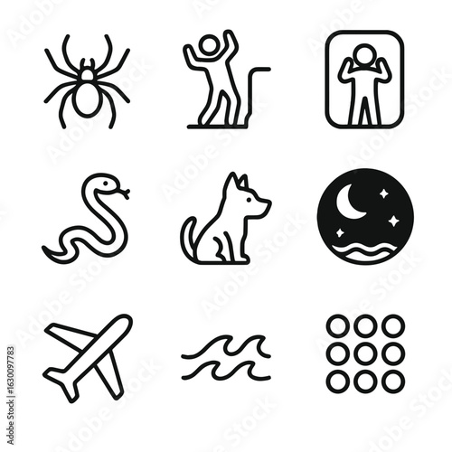 Phobia Icons Collection. Outline icon set of common phobias: arachnophobia (spider), acrophobia (height), claustrophobia (enclosed