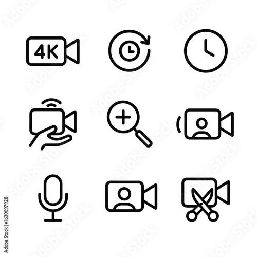 Phone Camera Features Icons. Outline icon set of phone camera video features: 4K recording, slow motion, time lapse, stabilization
