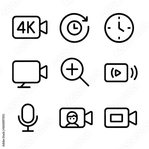 Phone Camera Features Icons. Outline icon set of phone camera video features: 4K recording, slow motion, time lapse, stabilization