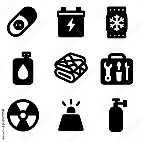 Space Supplies Icons. Solid, filled icons set of intergalactic fuel and supplies: antimatter capsule, energy