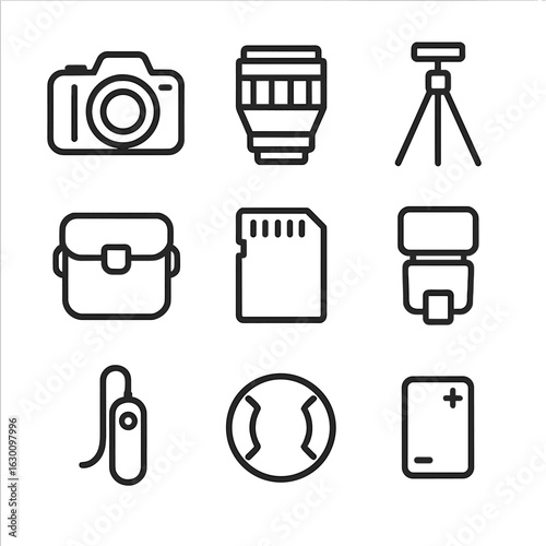 Photographer Essentials Icons. Outline icon set of photographer essentials: DSLR camera, camera lens, tripod, camera bag, memory
