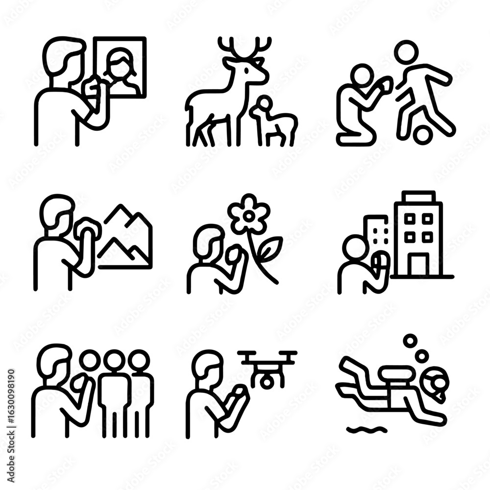 Fototapeta premium Photography Icons Grid. Outline icon set of camera usage scenarios: portrait photography, wildlife photography, sports photography