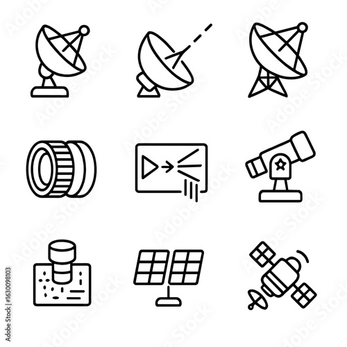 Space Technology Icons. Outline icon set of space observation technology: satellite dish, laser communication,