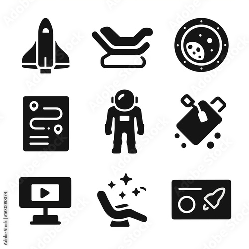 Space Tourism Essentials Icons. Solid, filled icons set of space tourism essentials: space shuttle,
