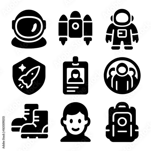 Space-Themed Icon Set. Solid, filled icons set of space-themed avatars and gear: space helmet, jetpack,