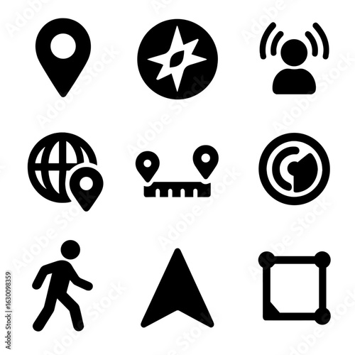 Spatial Awareness Icons. Solid, filled icons set of spatial awareness: map pin, compass, proximity alert, GPS