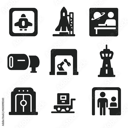 Spaceport Infrastructure Icons. Solid, filled icons set of spaceport infrastructure: docking bay, launchpad,