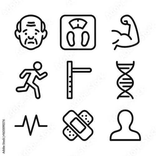 Physical Change Icons. Outline icon set of physical change: aging face, weight scale, muscle arm, running figure, height measure,