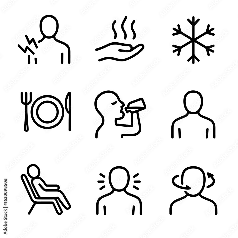 Physical Sensations Icons. Outline icon set of physical sensations: pain, warmth, cold, hunger, thirst, fatigue, relaxation, Physical Sensations Icons. Outline icon set of physical sensations: pain, warmth, cold, hunger, thirst, fatigue, relaxation,