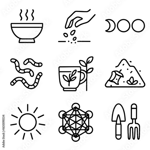 Spiritual Farm Icon Set. Outline icon set of spiritual farm practices: ritual bowls, planting seeds, moon