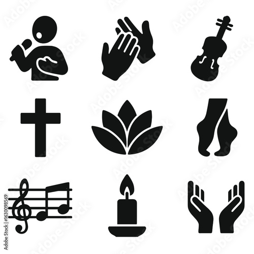 Spiritual Music Icons. Solid, filled icons set of Spiritual music and movement: chanting, hand clapping,