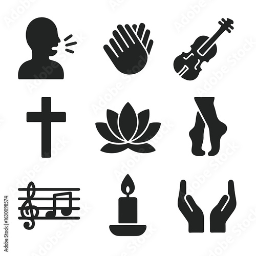 Spiritual Music Icons. Solid, filled icons set of Spiritual music and movement: chanting, hand clapping,