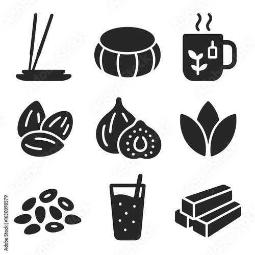 Spiritual Nourishment Icons. Solid, filled icons set of spiritual nourishment: incense sticks, meditation