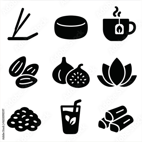 Spiritual Nourishment Icons. Solid, filled icons set of spiritual nourishment: incense sticks, meditation