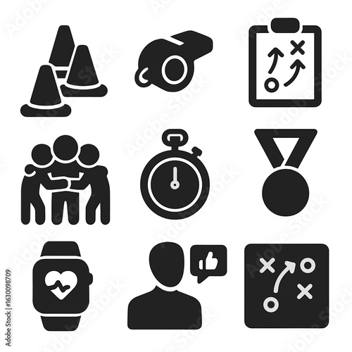 Sports Coaching Icons. Solid, filled icons set of Sports coaching principles: training cones, coach whistle,