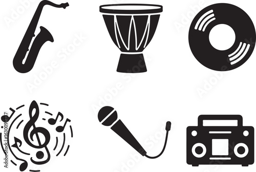 Groove essentials: sax, drum, vinyl, mic, notes, boombox