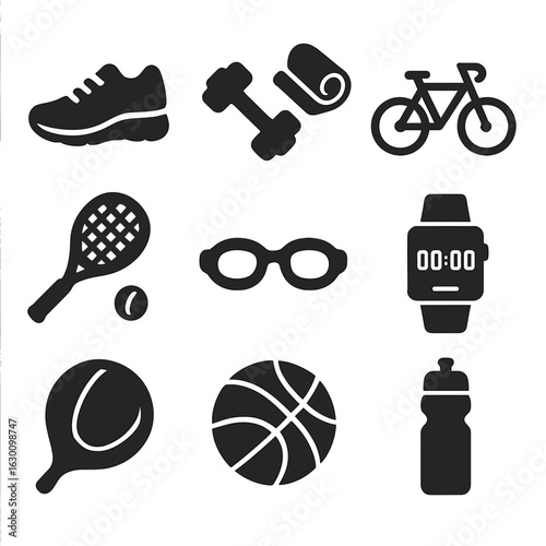 Sports Equipment Icons. Solid, filled icons set of Sports equipment reviews: running shoes, dumbbells, yoga