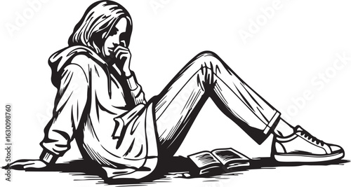 Woman Sitting with Book and Mug Vector
