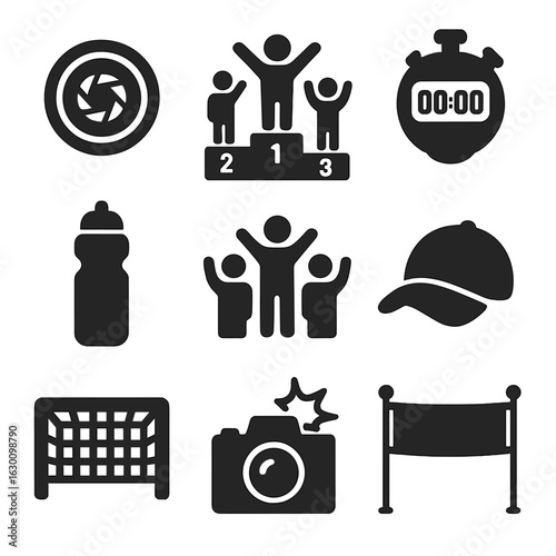 Sports Photography Icons. Solid, filled icons set of sports event photography: camera lens, athlete podium,