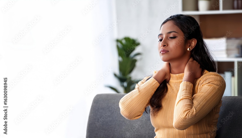 Young Indian Woman on Sofa Experiencing Neck Pain Sad and Distressed Health Issue Young Indian Woman on Sofa Experiencing Neck Pain Sad and Distressed Health Issue