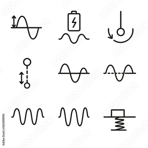 Physics Wave Icons. Outline icon set of amplitude in physics: wave height, energy, oscillation, sine wave, maximum displacement,