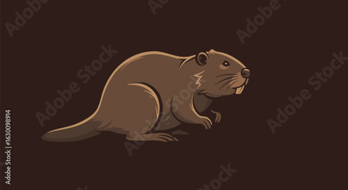 Vector illustration of a North American beaver in a side profile. The wildlife graphic shows the wild rodent with its prominent teeth, isolated on a brown background.