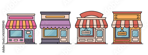 Closed Storefronts with Striped Awnings and 'Closed' Signs, Representing Temporary Shutdowns or Business Closures