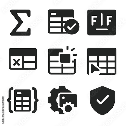 Spreadsheet Functions Icons. Solid, filled icons set of spreadsheet functions: sum formula, average function,