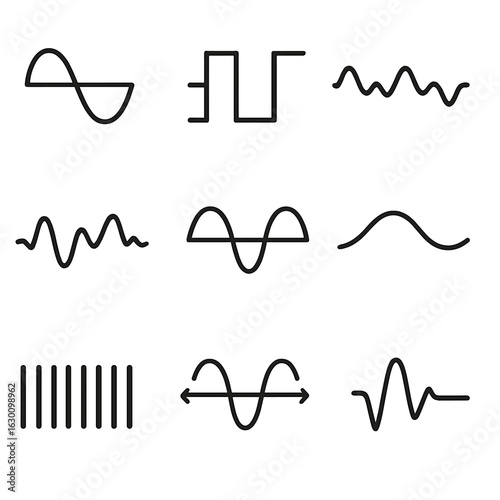 Physics Waves Icon Grid. Outline icon set of waves in physics: sine wave, square wave, pulse wave, harmonic wave, standing wave,