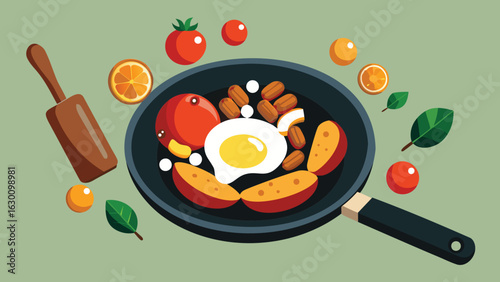 A flat lay of a frying pan with egg sausages and sweet potatoes with tomatoes and oranges around it