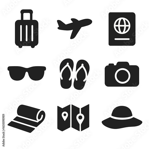 Spring Break Icons. Solid, filled icons set of Spring break travel essentials: suitcase, airplane, passport,