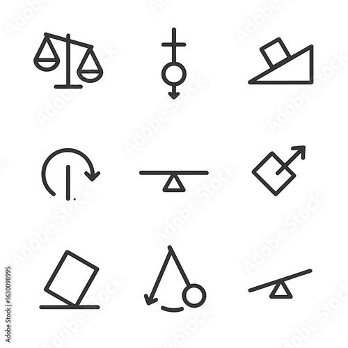 Physics Icon Set. Outline icon set of physics and balance tilt: tilted scale, center of gravity, inclined plane, torque arrow,