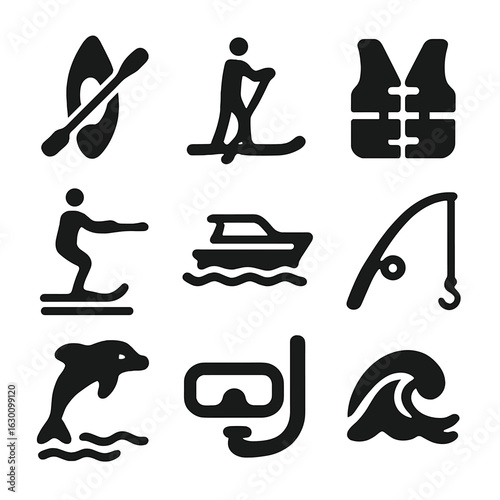 Spring Break Water Sports. Solid, filled icons set of Spring break water sports: kayak, paddleboard, life