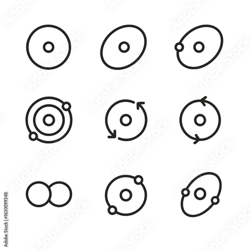 Planetary Orbit Icons. Outline icon set of planetary orbits: circular orbit, elliptical orbit, perihelion, aphelion, orbital