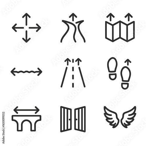 Expansion Icon Set. Outline icon set of expansion movement: spreading arrows, expanding path, unfolding map, stretching rope,