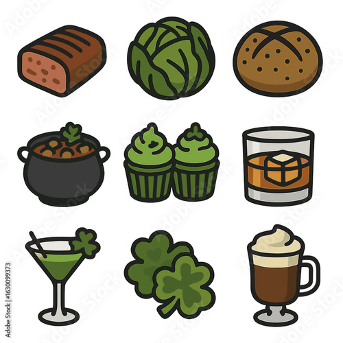 St. Patrick's Day Icons. Solid, filled icons set of St. Patrick’s Day food and drink: corned beef, cabbage,