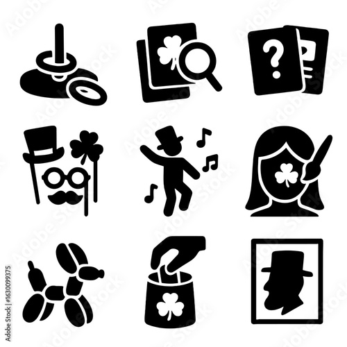 St. Patrick's Day Icons. Solid, filled icons set of St. Patrick’s Day games and fun: ring toss, shamrock