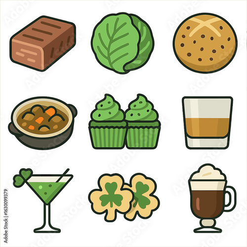 St. Patrick's Day Icons. Solid, filled icons set of St. Patrick’s Day food and drink: corned beef, cabbage,